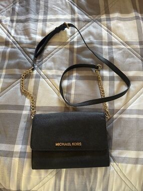 Michael Kors Black Saffiano Crossbody with Gold Chain
